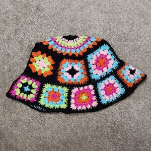 Women's Multicolor Crochet Bucket Hat Summer Beach Black Cottagecore Bohemian